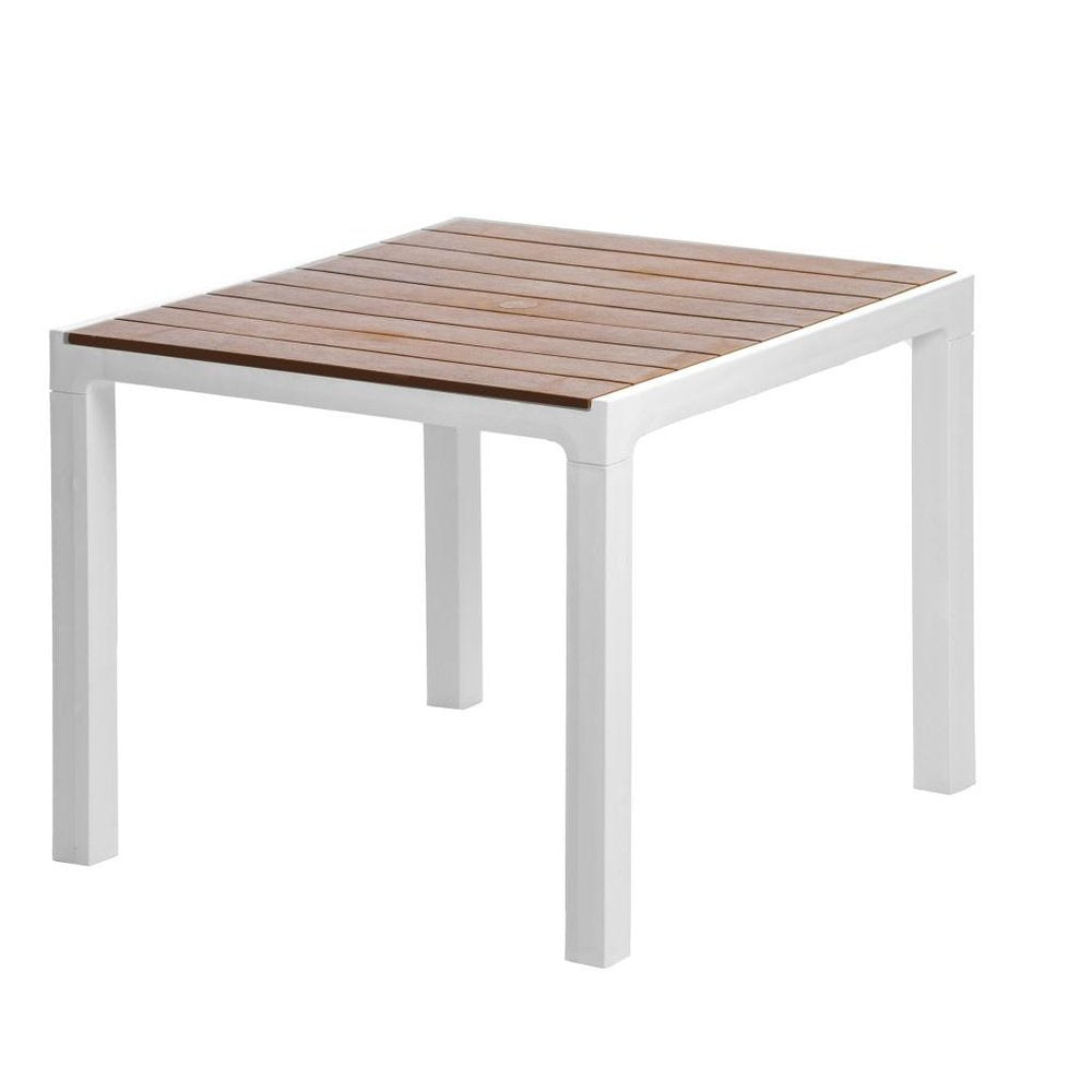 35" White Heavy Duty Plastic Square Outdoor Dining Table with Umbrella Hole. Outdoor table isolated on a plain white background, in a white plastic finish.
