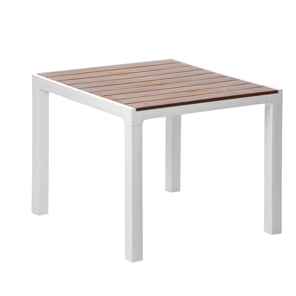 White outdoor dining table with a slatted wood-look top and white plastic frame on a white background.