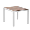 35" White Heavy Duty Plastic Square Outdoor Dining Table with Umbrella Hole. Outdoor table isolated on a plain white background, in a white plastic finish.