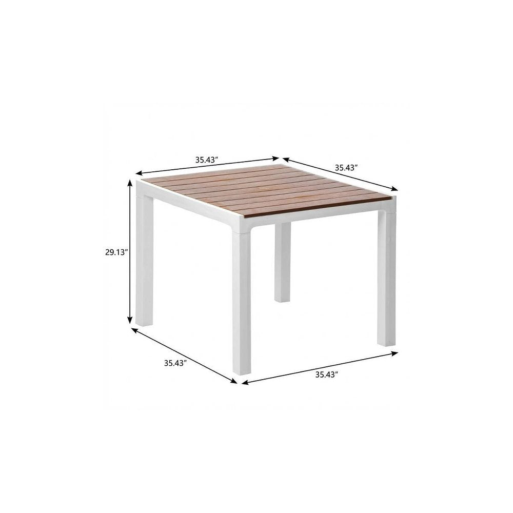 35" White Heavy Duty Plastic Square Outdoor Dining Table with Umbrella Hole. Outdoor table isolated on a plain white background, finished in white plastic.