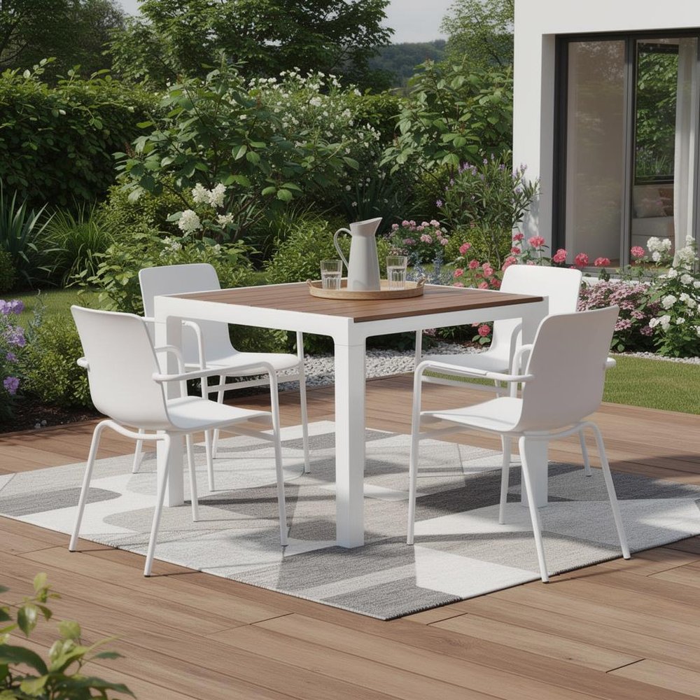 35" White Heavy Duty Plastic Square Outdoor Dining Table with Umbrella Hole shown outdoors on a patio.
