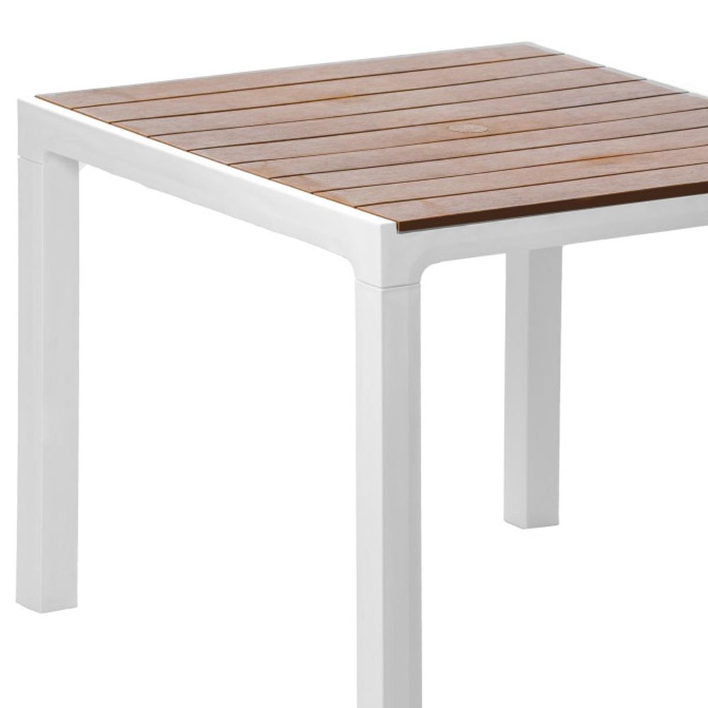 35" White Heavy Duty Plastic Square Outdoor Dining Table with Umbrella Hole. Outdoor table isolated on a plain white background, in a white plastic finish.