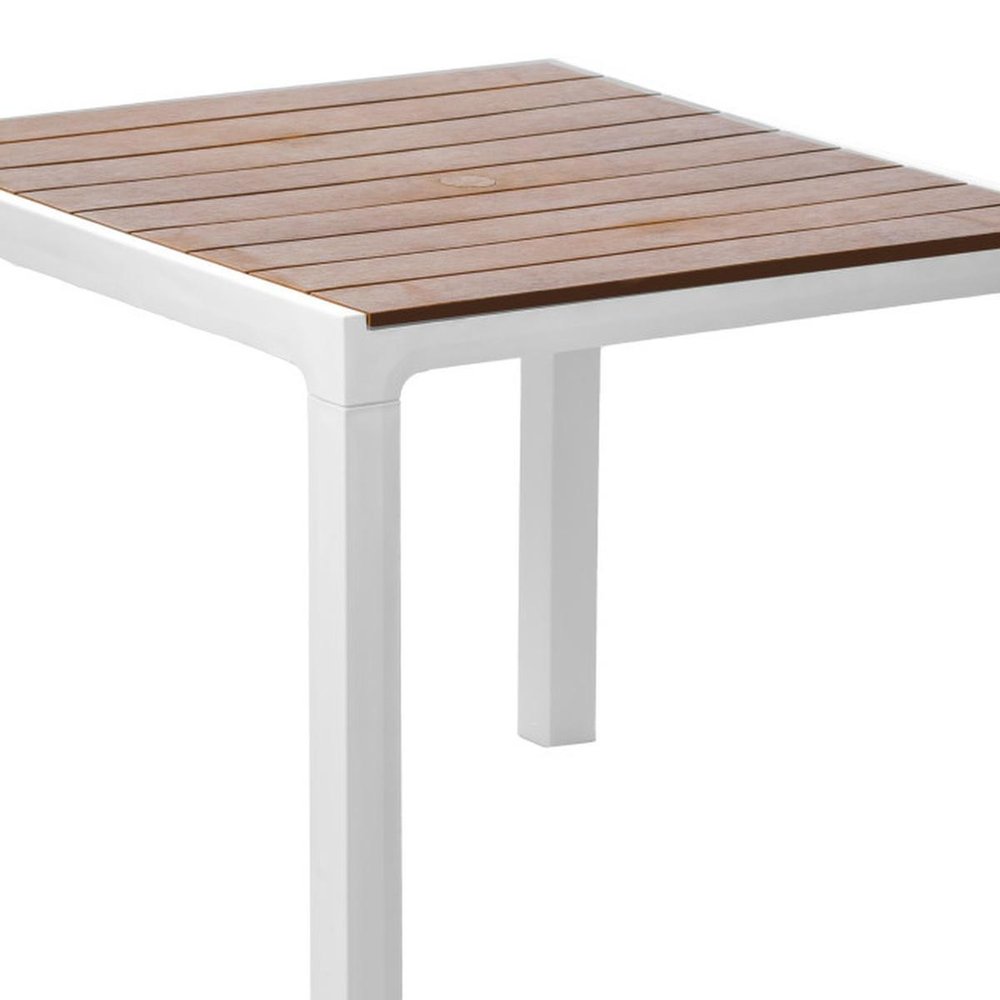 35" White Heavy Duty Plastic Square Outdoor Dining Table with Umbrella Hole. Outdoor table isolated on a plain white background, showing a white plastic surface.