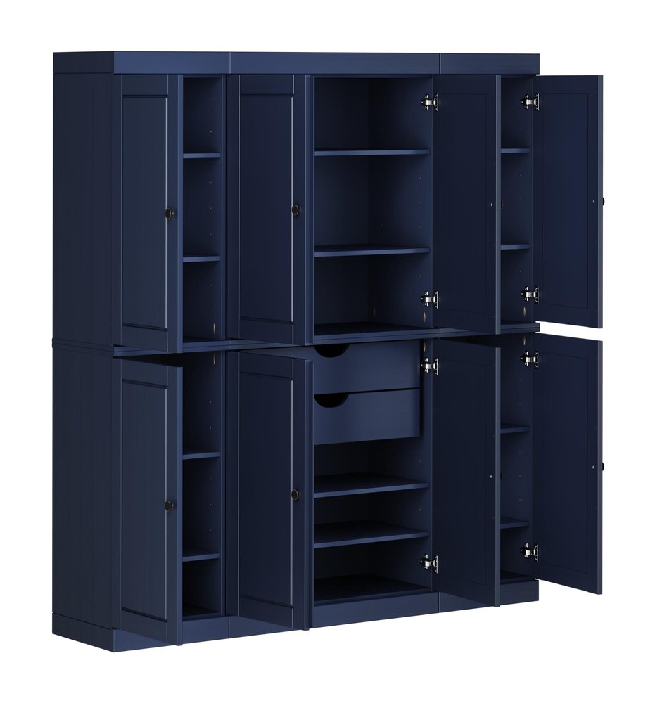 72" Navy Blue Solid Wood 8 Two Drawer Pantry Or Storage Closet