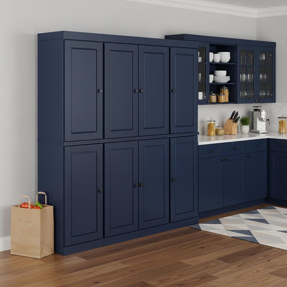 72" Navy Blue Solid Wood 8 Two Drawer Pantry Or Storage Closet