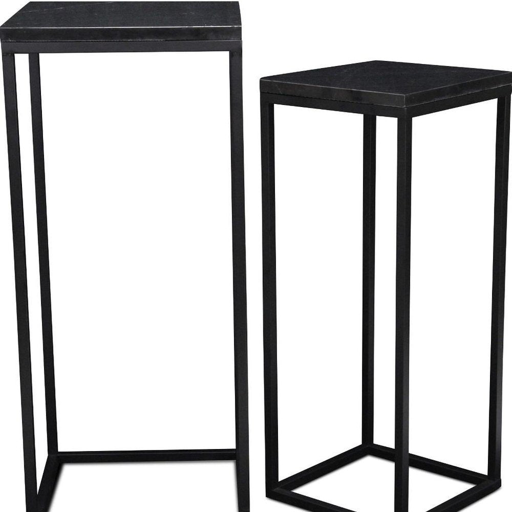 Set of Two Black Marble and Steel Square Frame Nested Tables on a white background