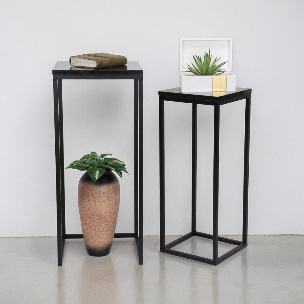 Set of Two Black Marble and Steel Square Frame Nested Tables