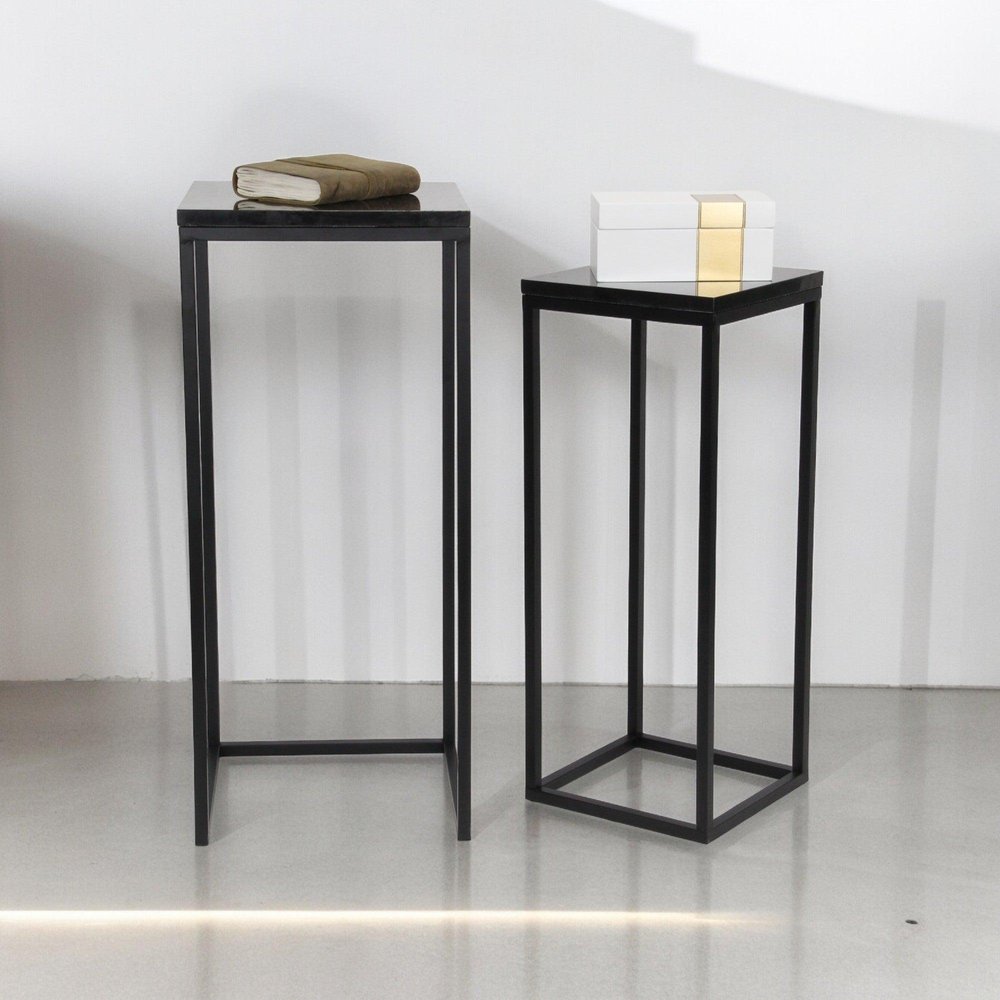 Set of Two Black Marble and Steel Square Frame Nested Tables