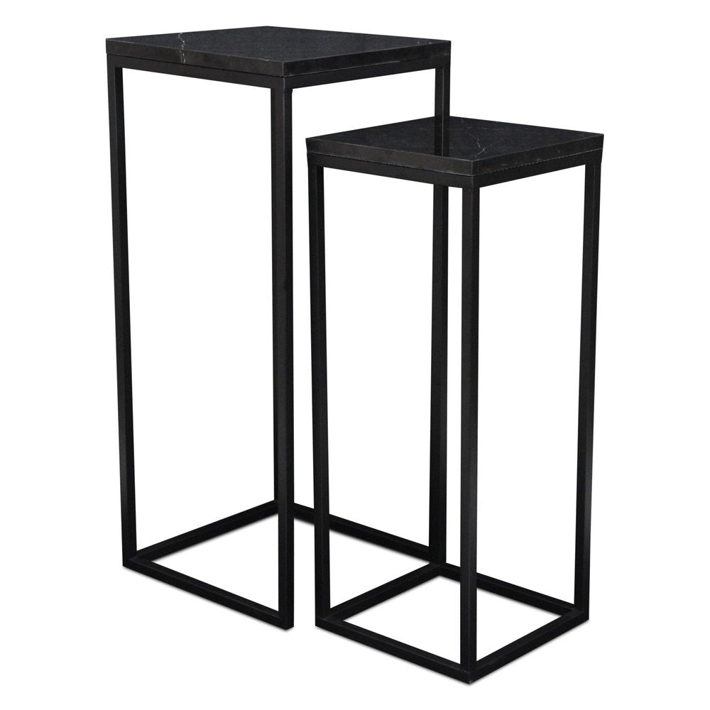 Set of Two Black Marble and Steel Square Frame Nested Tables