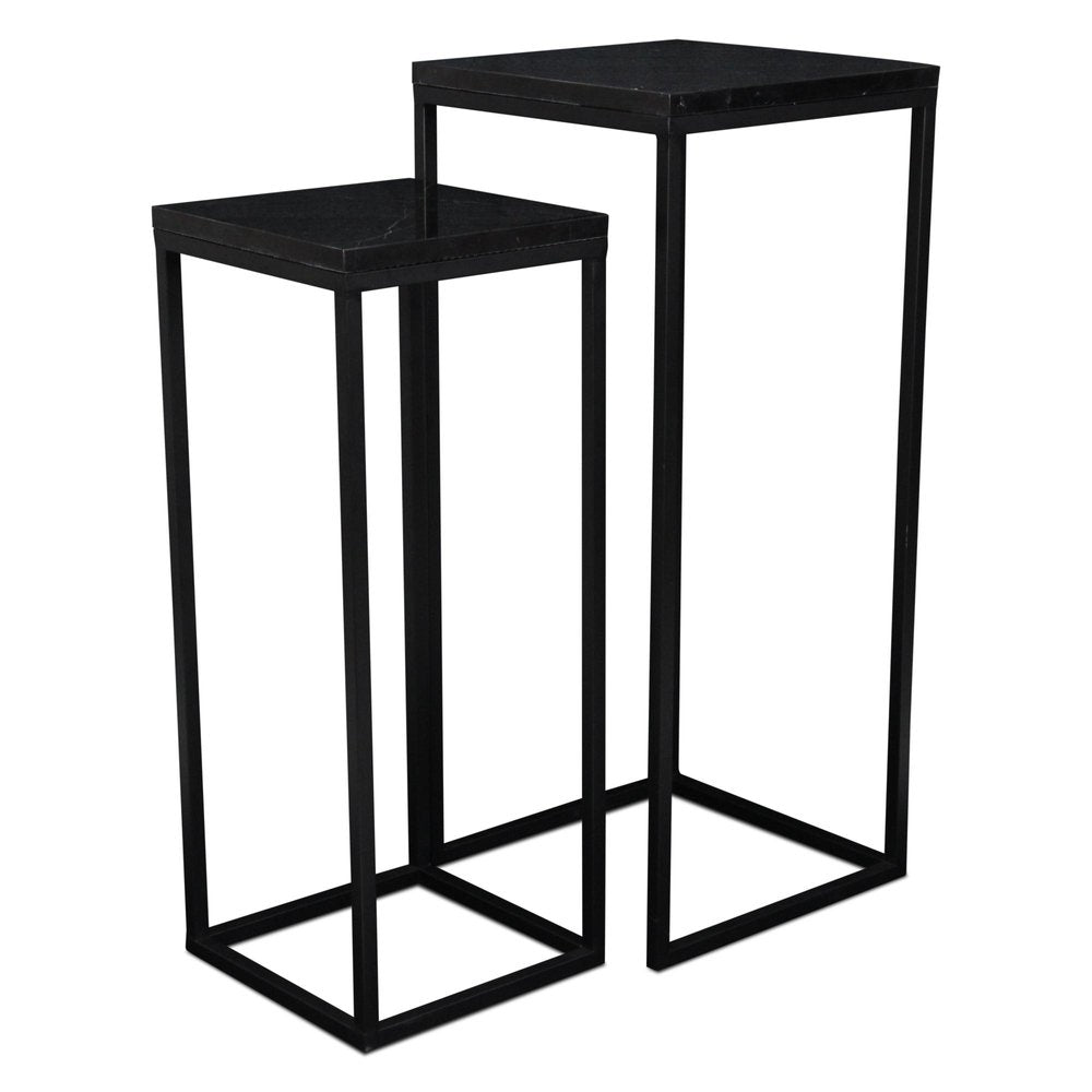 Set of Two Black Marble and Steel Square Frame Nested Tables