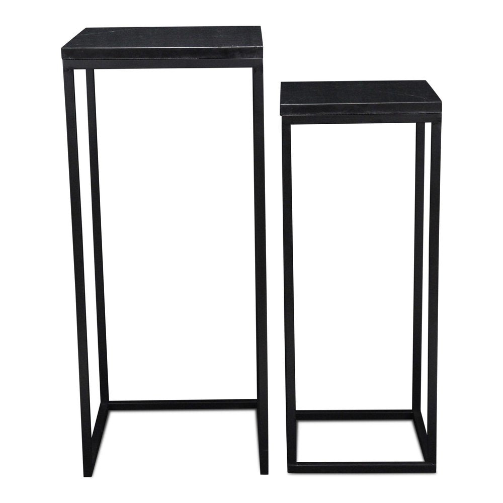 Set of Two Black Marble and Steel Square Frame Nested Tables on a white background