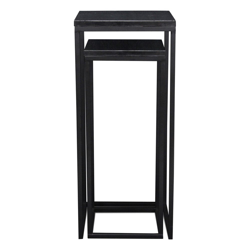 Set of Two Black Marble and Steel Square Frame Nested Tables on a white background
