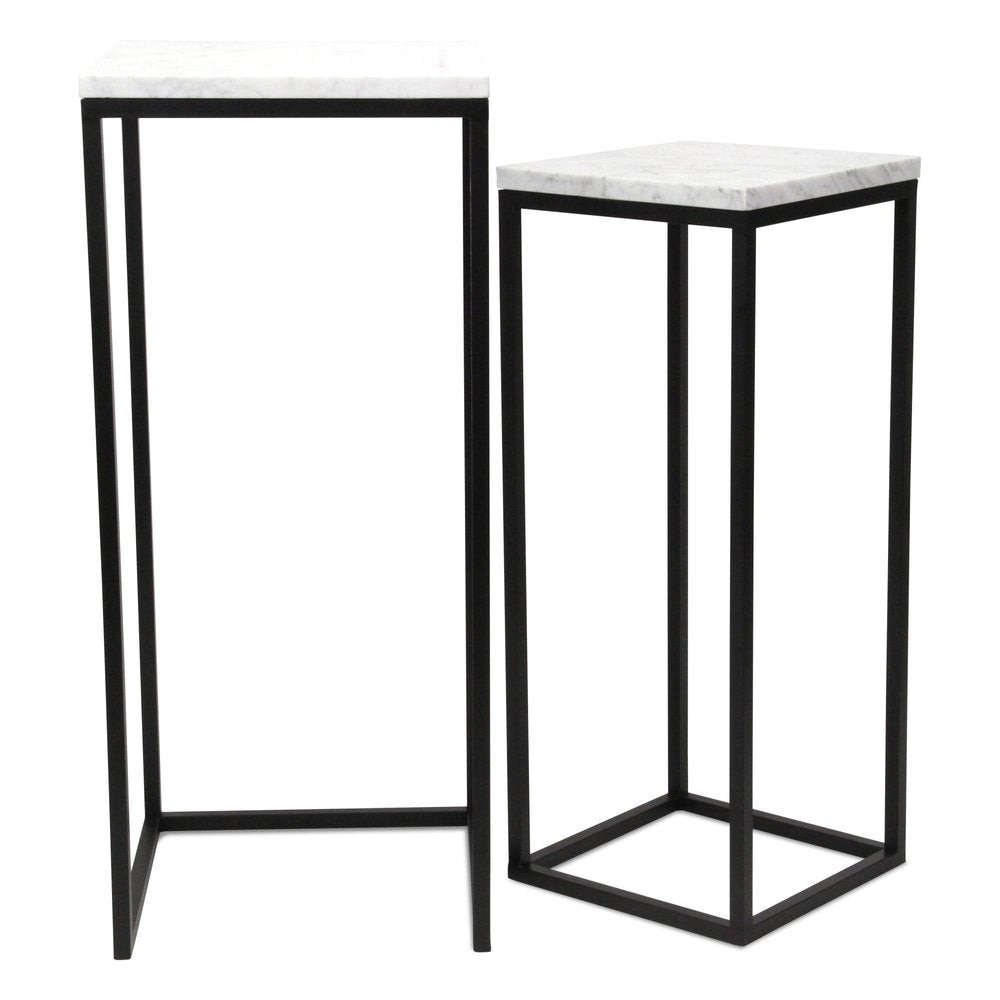 Set of Two Black Marble and Steel Square Frame Nested Tables on a white background