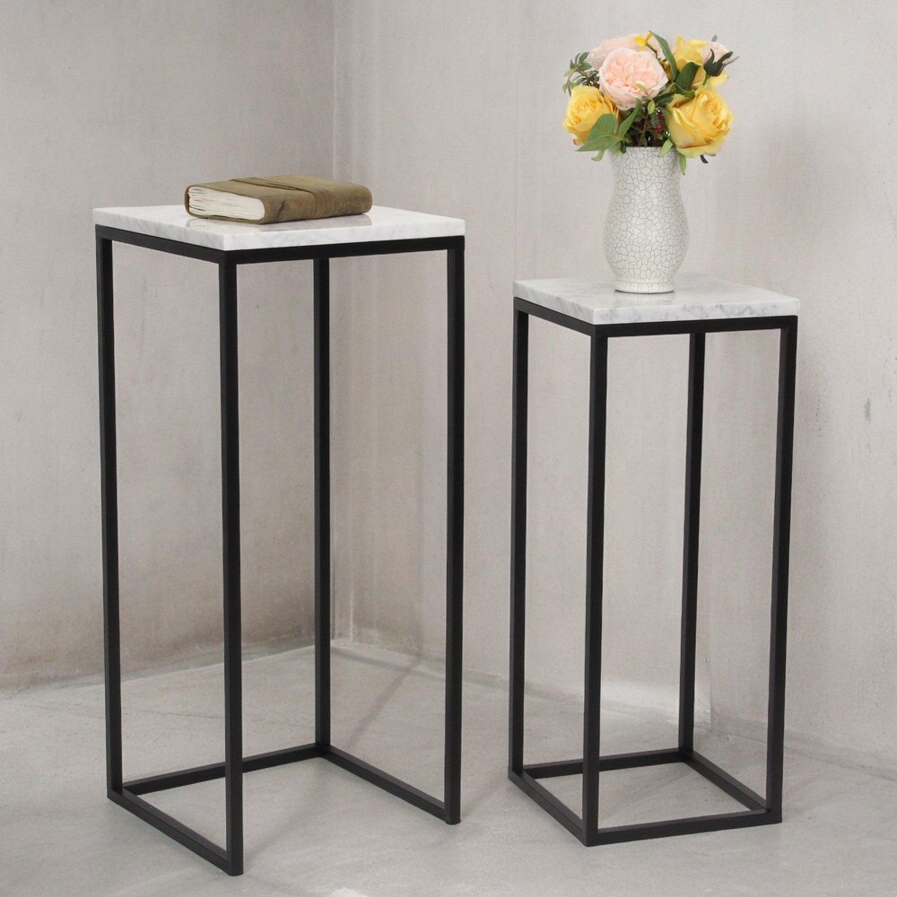 Set of Two Black Marble and Steel Square Frame Nested Tables on a white background
