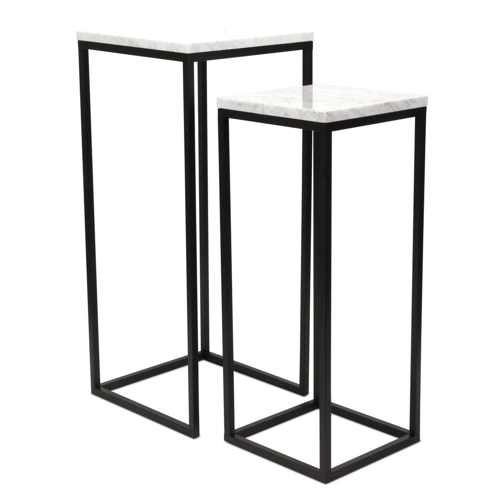 Set of Two Black Marble and Steel Square Frame Nested Tables on a white background