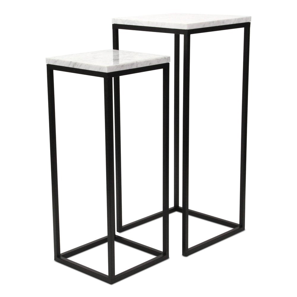 Set of Two Matte Black Marble and Steel Square Frame Nested Tables