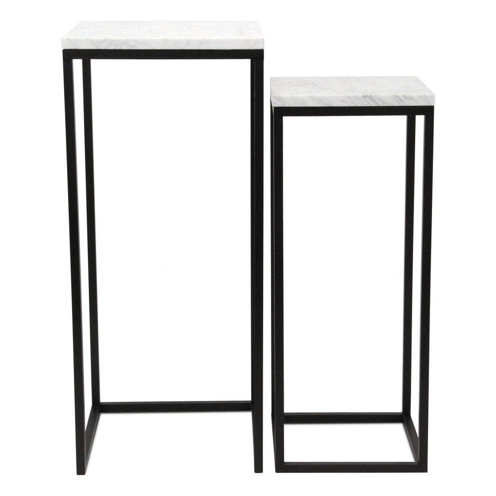 Set of Two Matte Black Marble and Steel Square Frame Nested Tables