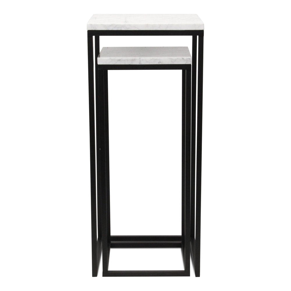 Set of Two Matte Black Marble and Steel Square Frame Nested Tables