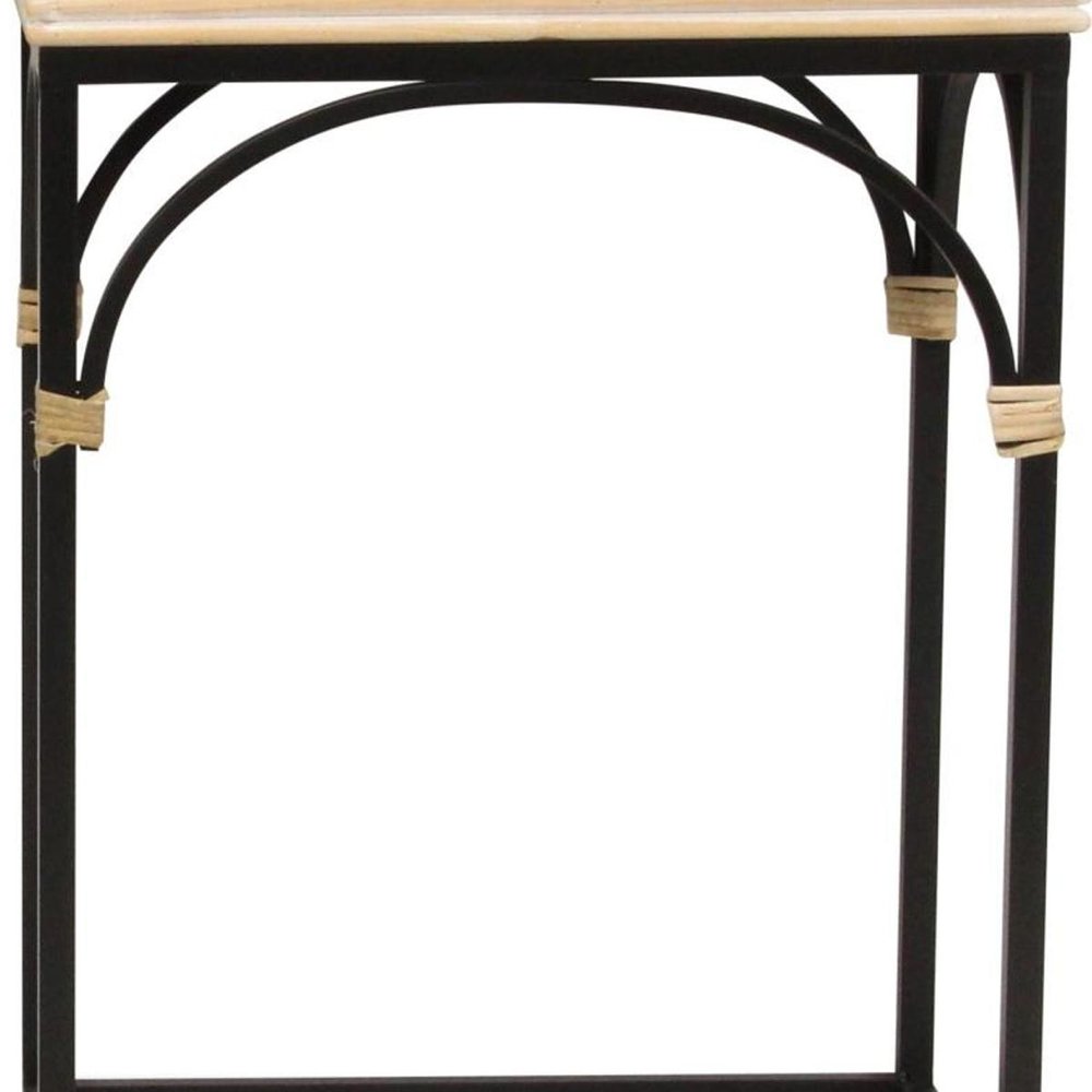 Set of Two Light Brown and Black Distressed Solid Wood and Steel Frame Nested Tables on a white background