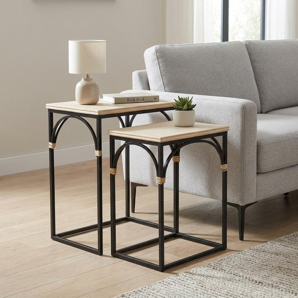 Set of Two Light Brown and Black Distressed Solid Wood and Steel Frame Nested Tables