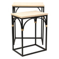 Set of Two Light Brown and Black Distressed Solid Wood and Steel Frame Nested Tables on a white background
