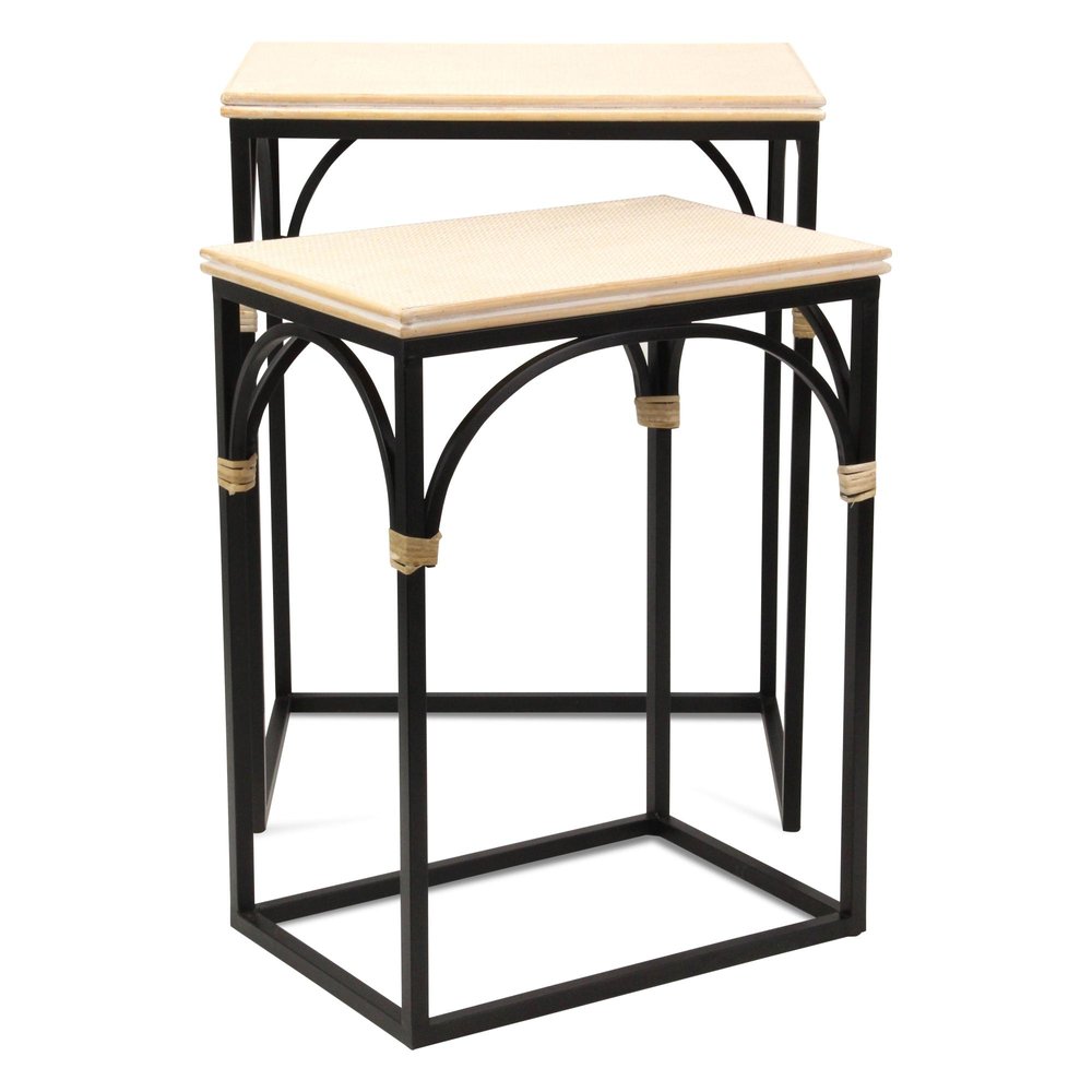 Set of Two Light Brown and Black Distressed Solid Wood and Steel Frame Nested Tables