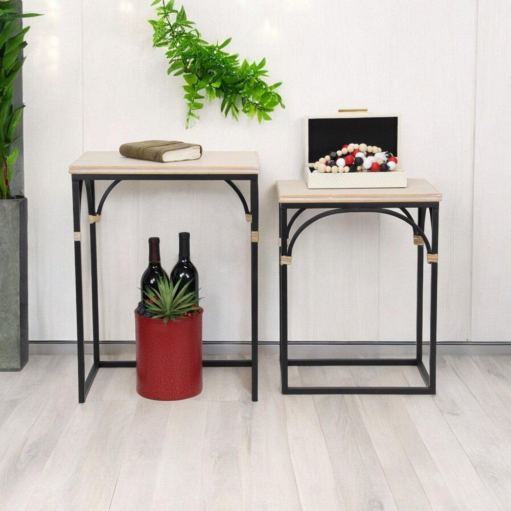 Set of Two Light Brown and Black Distressed Solid Wood and Steel Frame Nested Tables