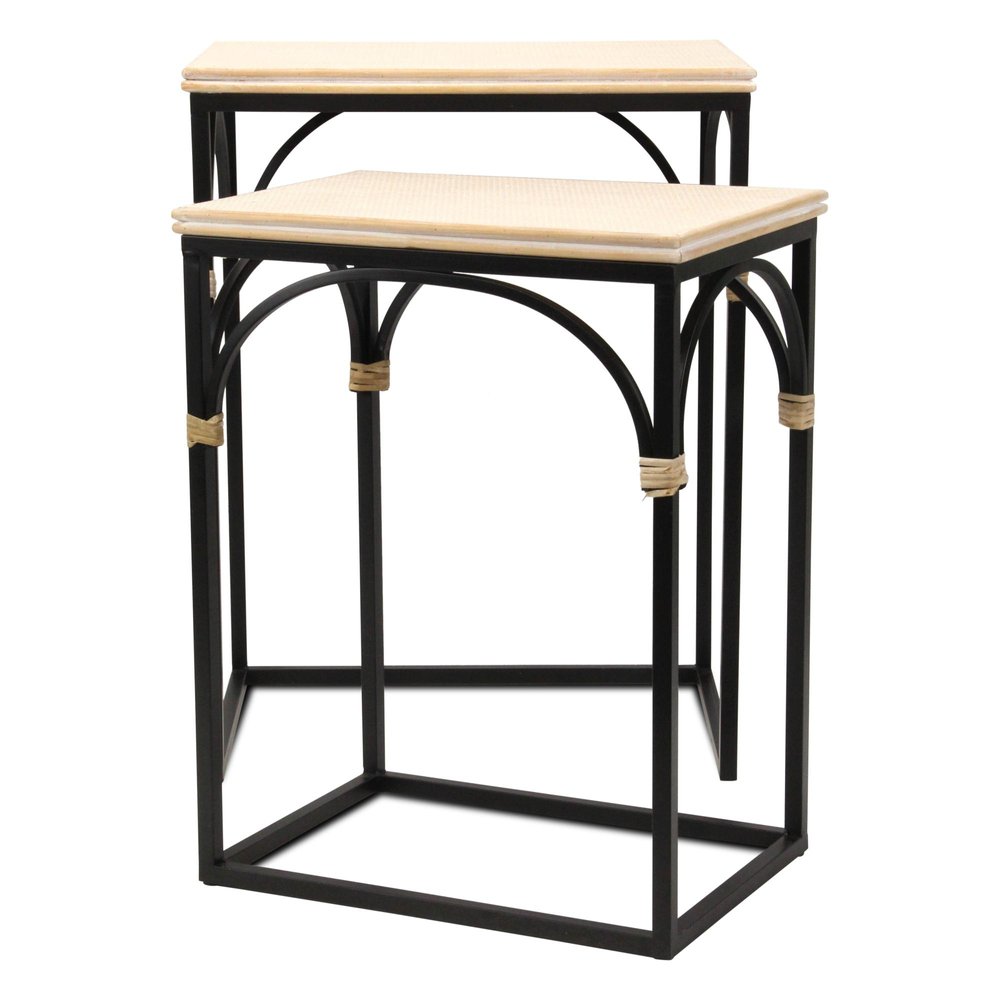 Set of Two Light Brown and Black Distressed Solid Wood and Steel Frame Nested Tables