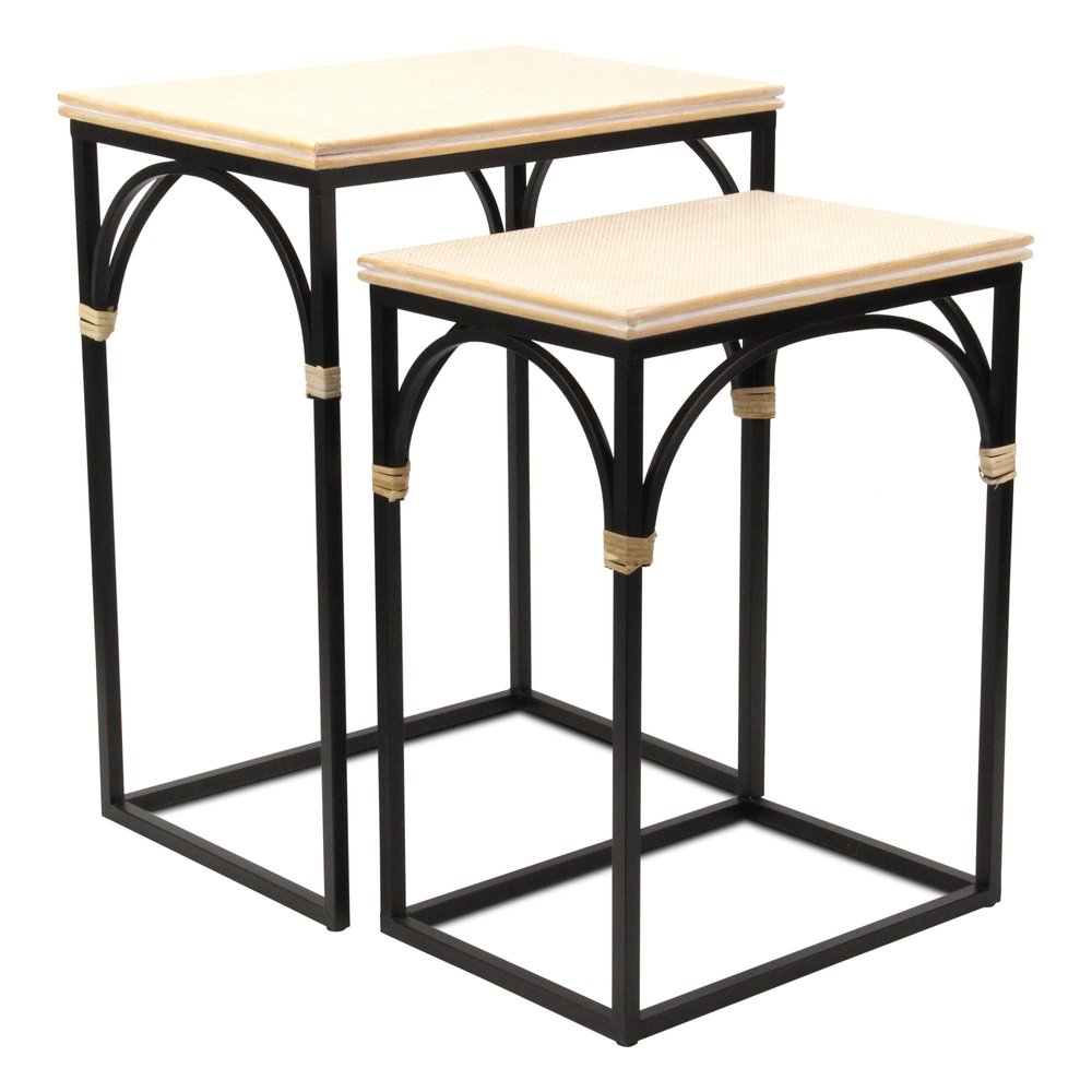 Set of Two Light Brown and Black Distressed Solid Wood and Steel Frame Nested Tables