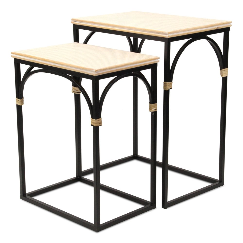 Set of Two Light Brown and Black Distressed Solid Wood and Steel Frame Nested Tables