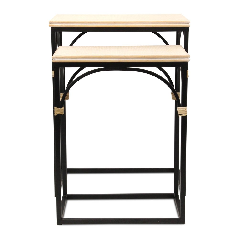 Set of Two Light Brown and Black Distressed Solid Wood and Steel Frame Nested Tables on a white background
