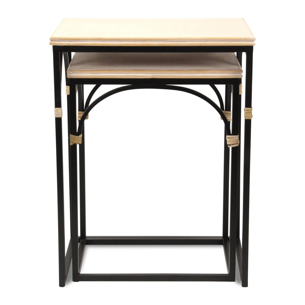 Set of Two Light Brown and Black Distressed Solid Wood and Steel Frame Nested Tables on a white background