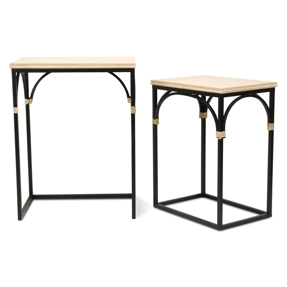 Set of Two Light Brown and Black Distressed Solid Wood and Steel Frame Nested Tables on a white background
