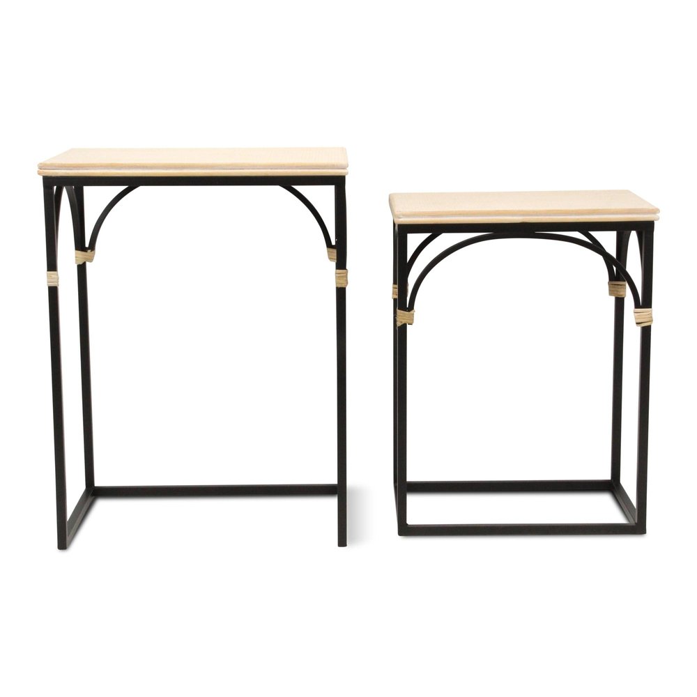 Set of Two Light Brown and Black Distressed Solid Wood and Steel Frame Nested Tables on a white background