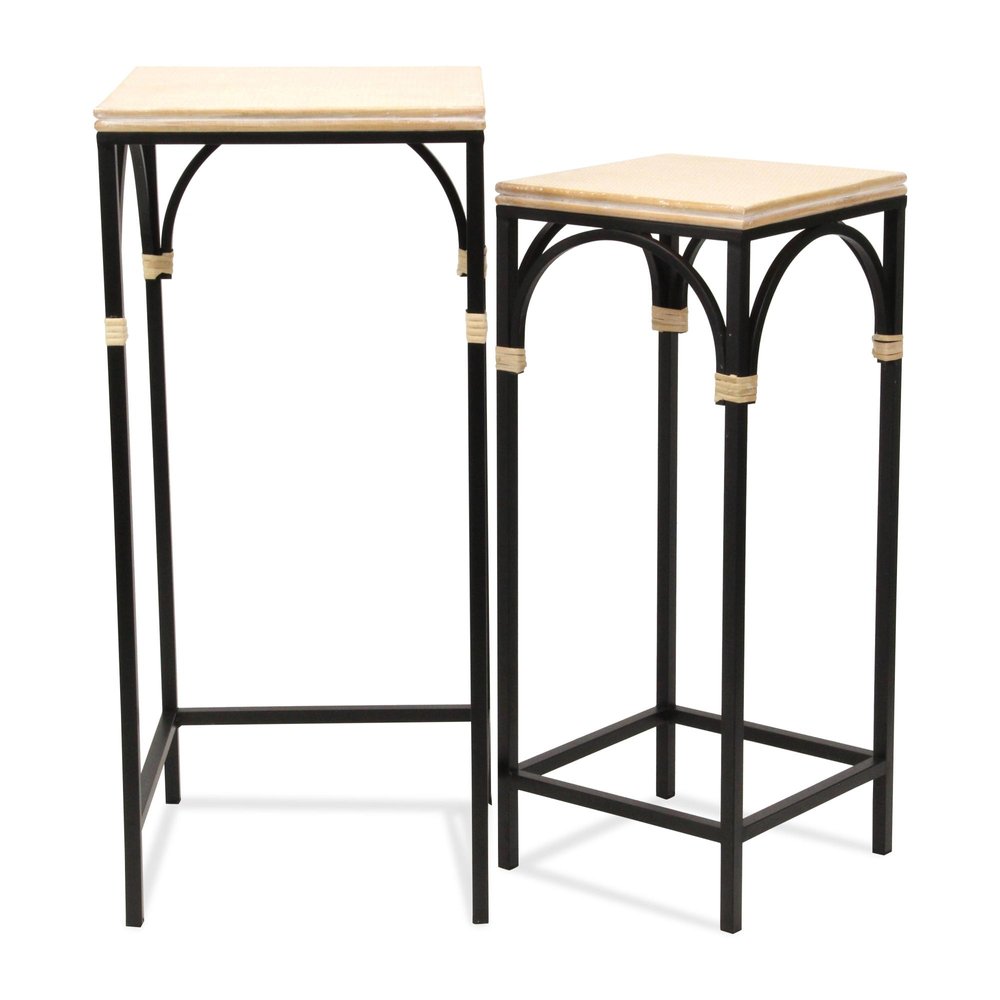 Set of Two Light Brown and Black Distressed Solid Wood and Steel Frame Nested Tables on a white background