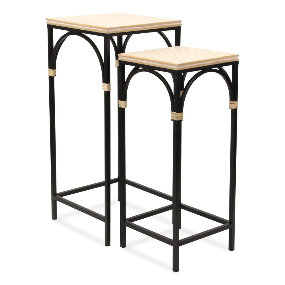 Set of Two Matte Light Brown and Black Distressed Solid Wood and Steel Frame Nested Tables