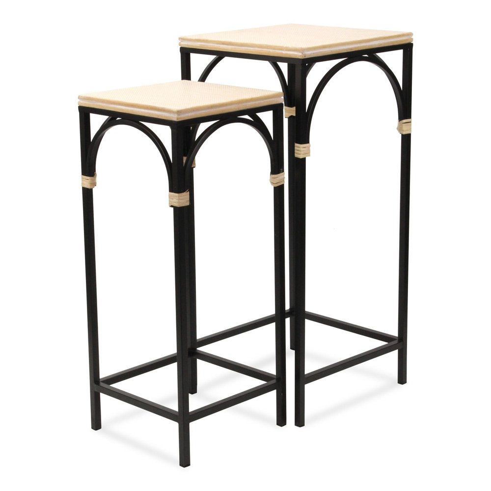 Set of Two Matte Light Brown and Black Distressed Solid Wood and Steel Frame Nested Tables