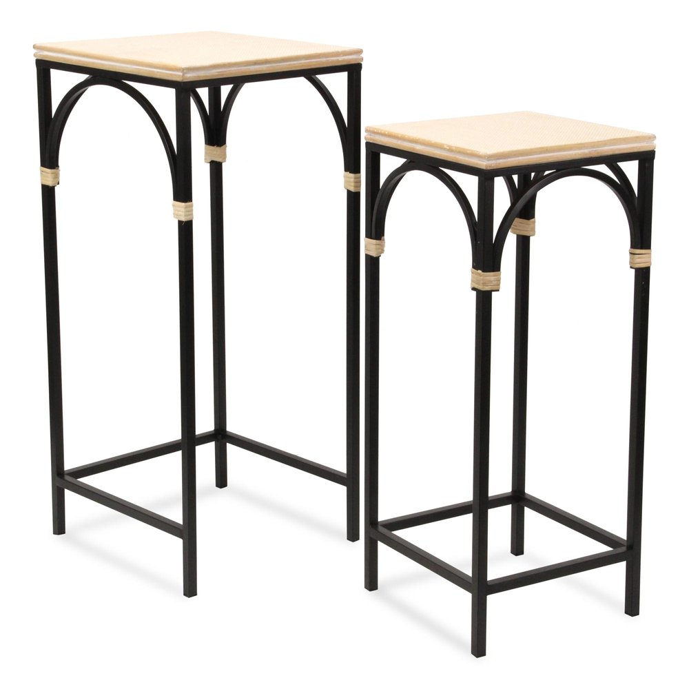 Set of Two Matte Light Brown and Black Distressed Solid Wood and Steel Frame Nested Tables