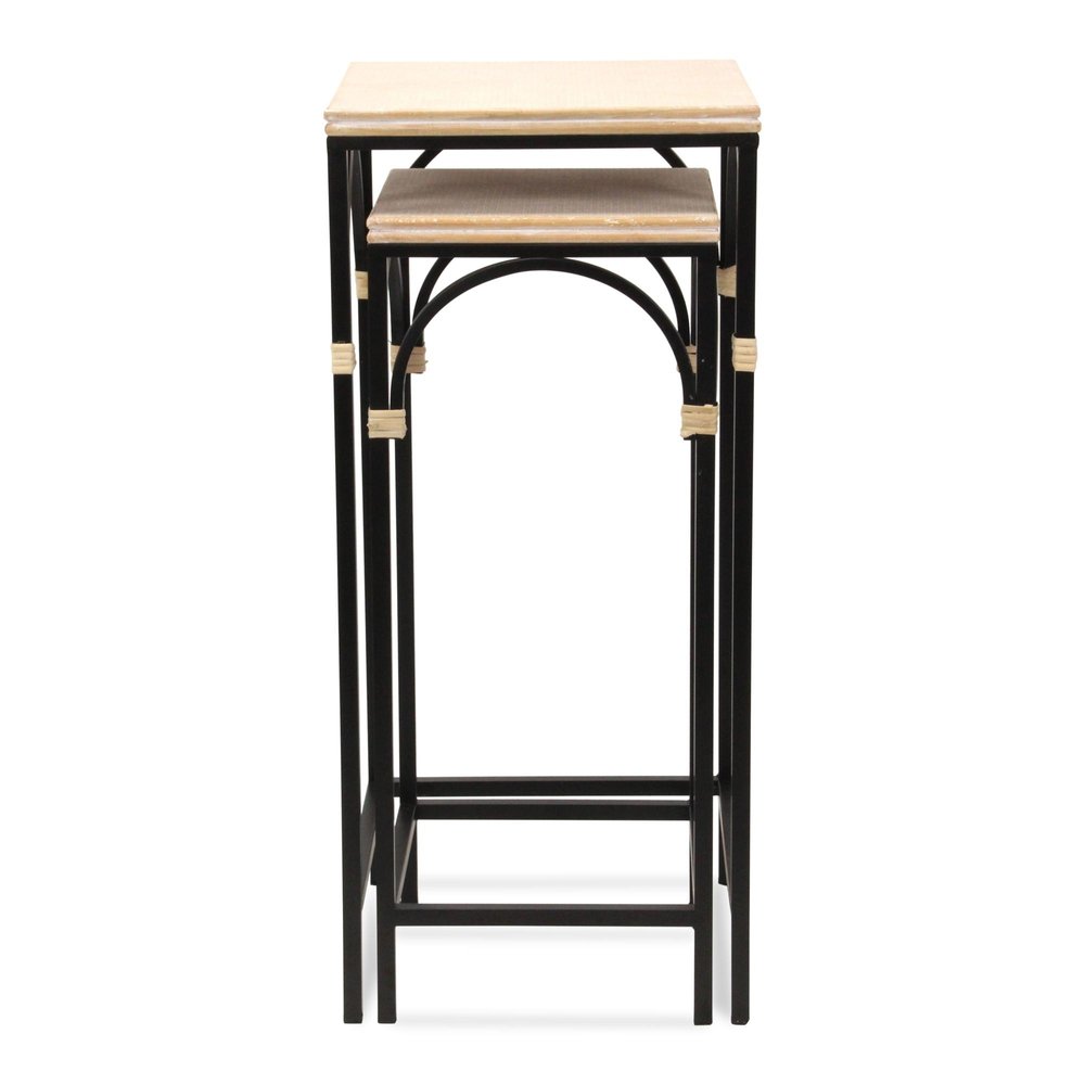 Set of Two Matte Light Brown and Black Distressed Solid Wood and Steel Frame Nested Tables