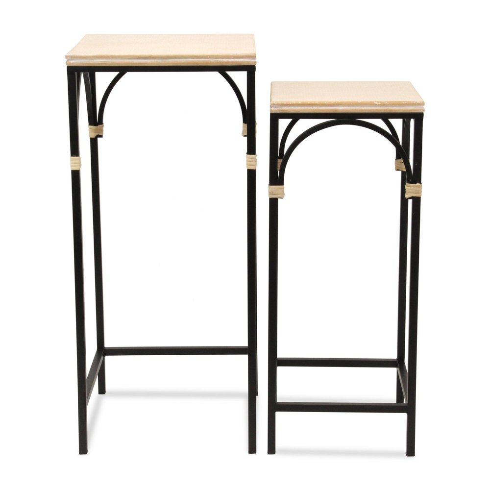 Set of Two Matte Light Brown and Black Distressed Solid Wood and Steel Frame Nested Tables