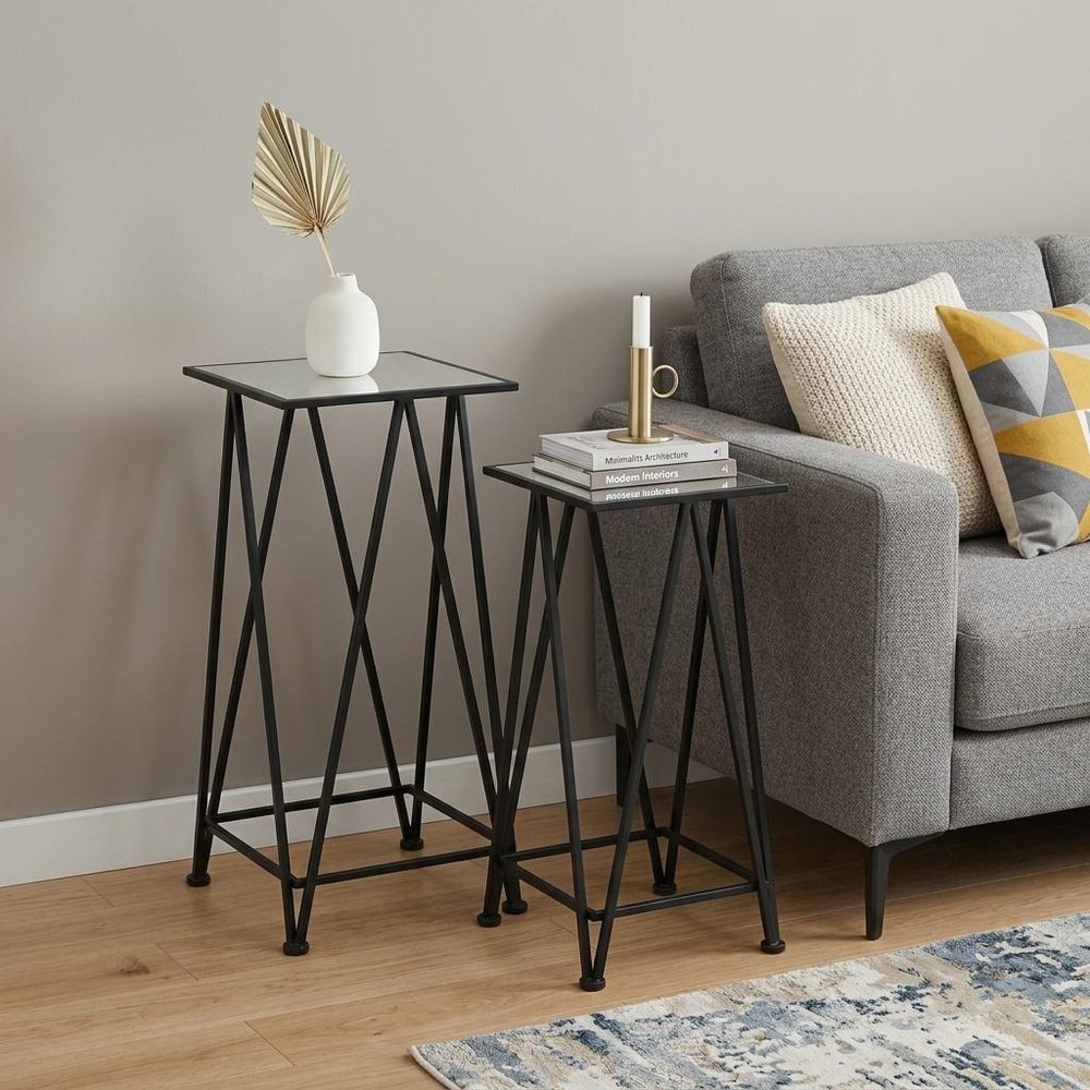 Set of Two Silver and Black Mirrored Glass and Steel Square Frame Nested Tables on a white background