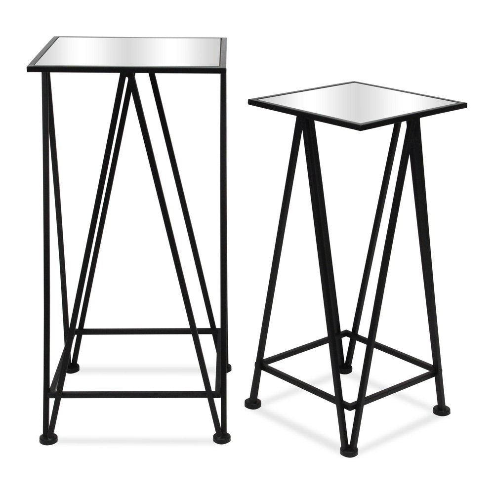Set of Two Silver and Black Mirrored Glass and Steel Square Frame Nested Tables