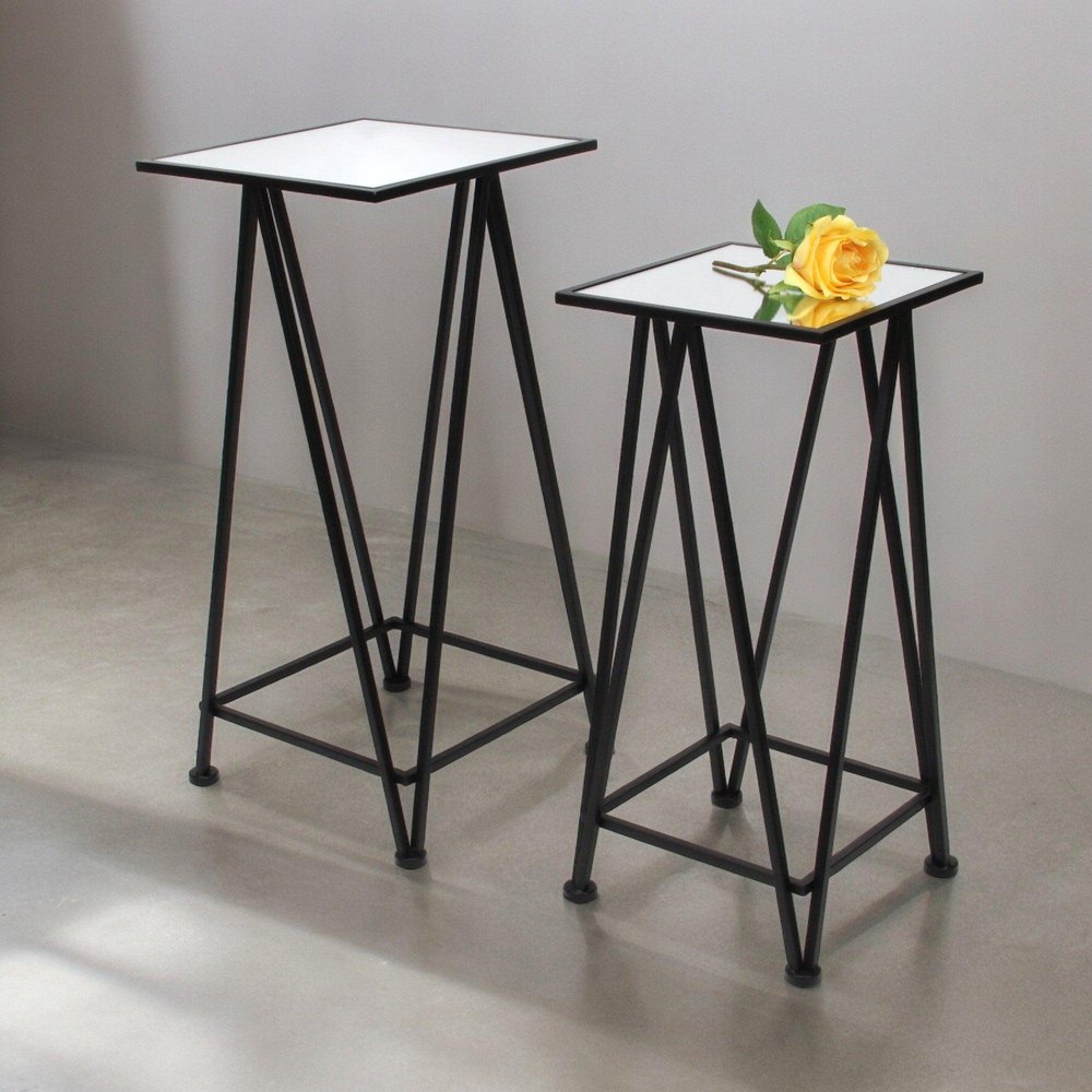 Set of Two Silver and Black Mirrored Glass and Steel Square Frame Nested Tables