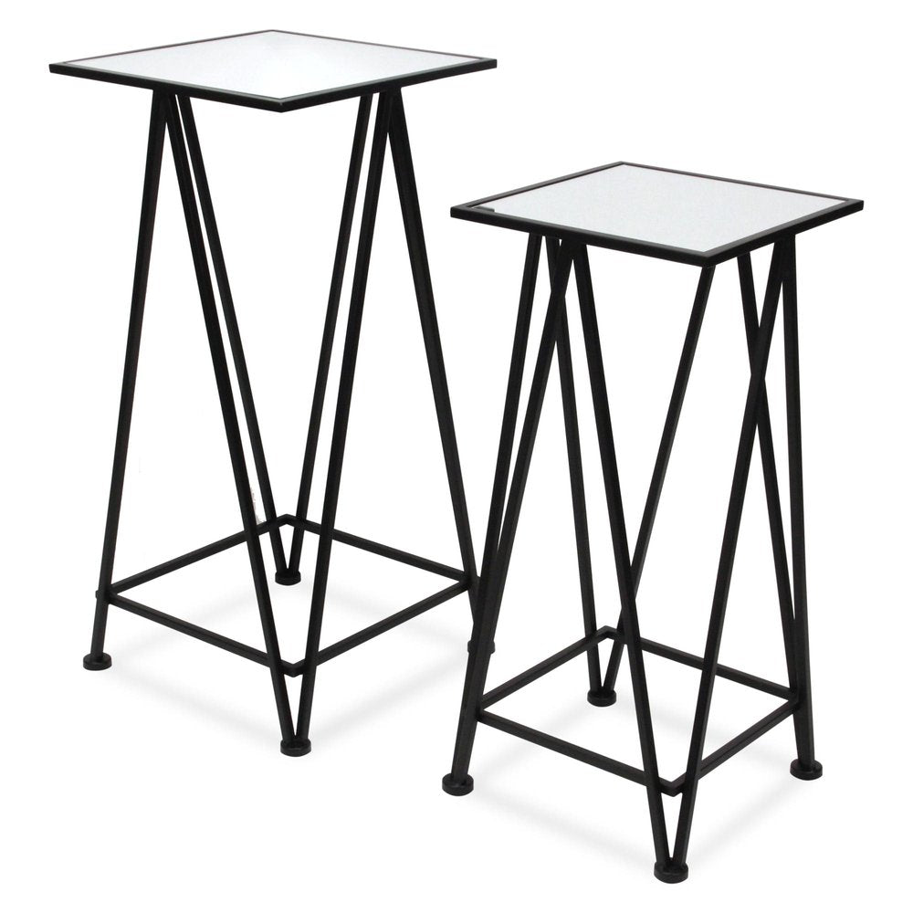 Set of Two Silver and Black Mirrored Glass and Steel Square Frame Nested Tables