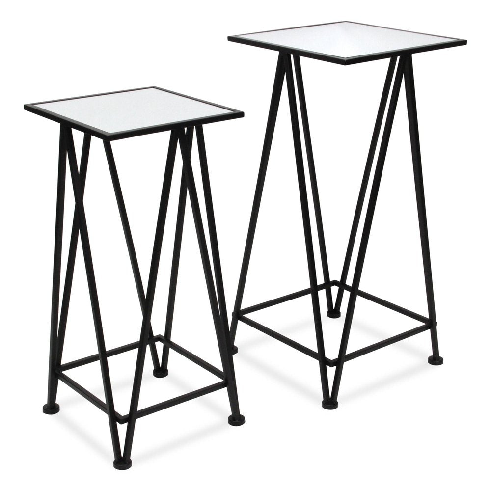 Set of Two Silver and Black Mirrored Glass and Steel Square Frame Nested Tables