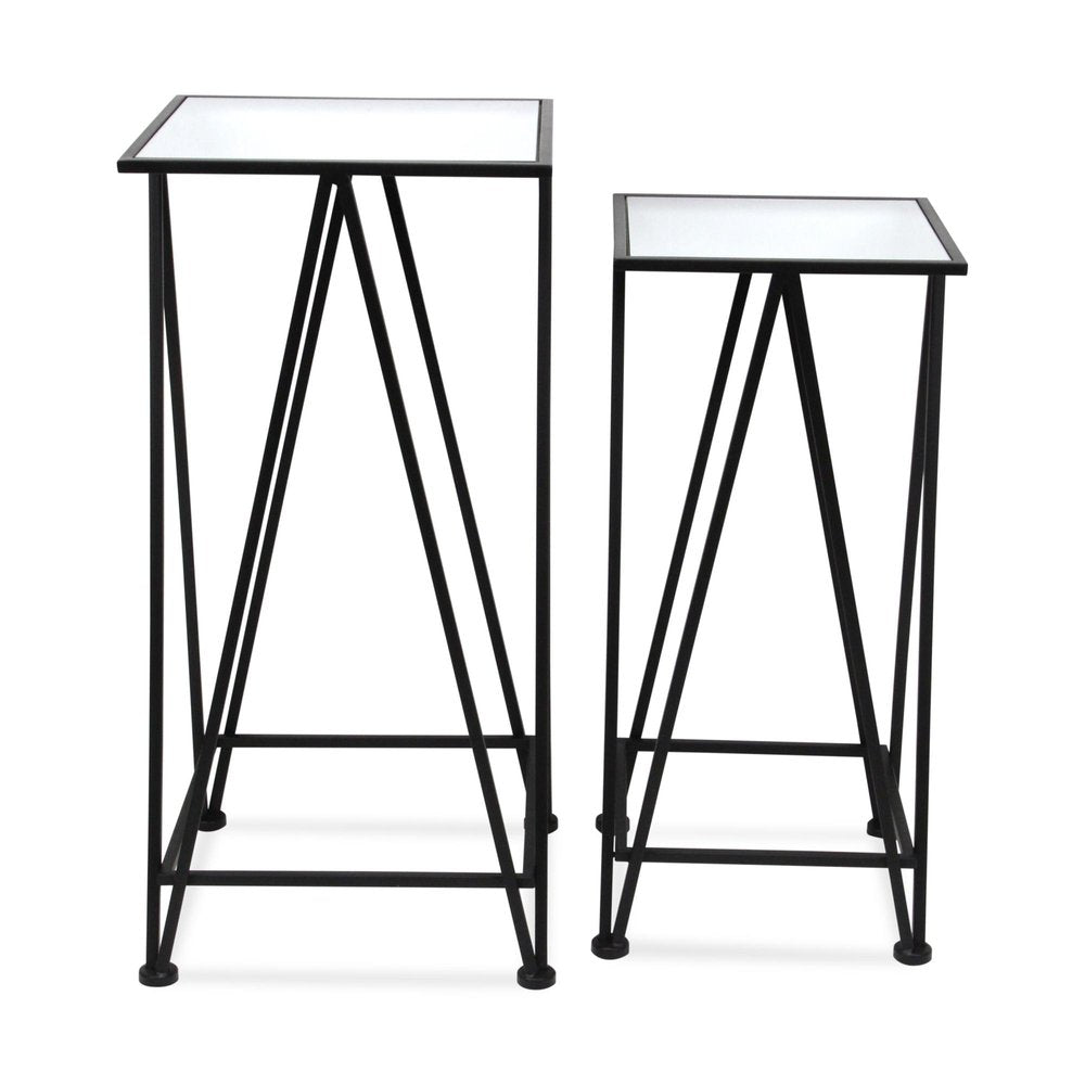 Set of Two Silver and Black Mirrored Glass and Steel Square Frame Nested Tables