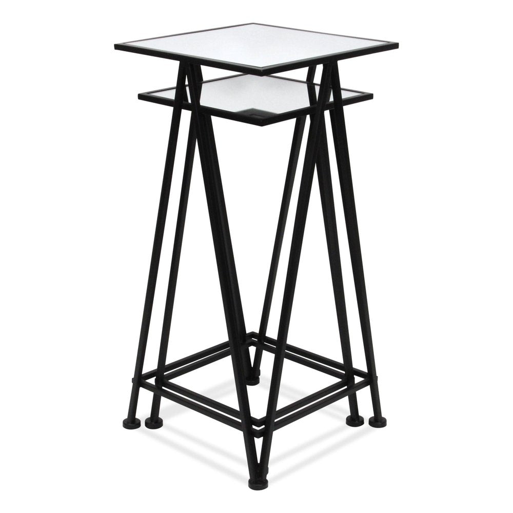 Set of Two Silver and Black Mirrored Glass and Steel Square Frame Nested Tables on a white background