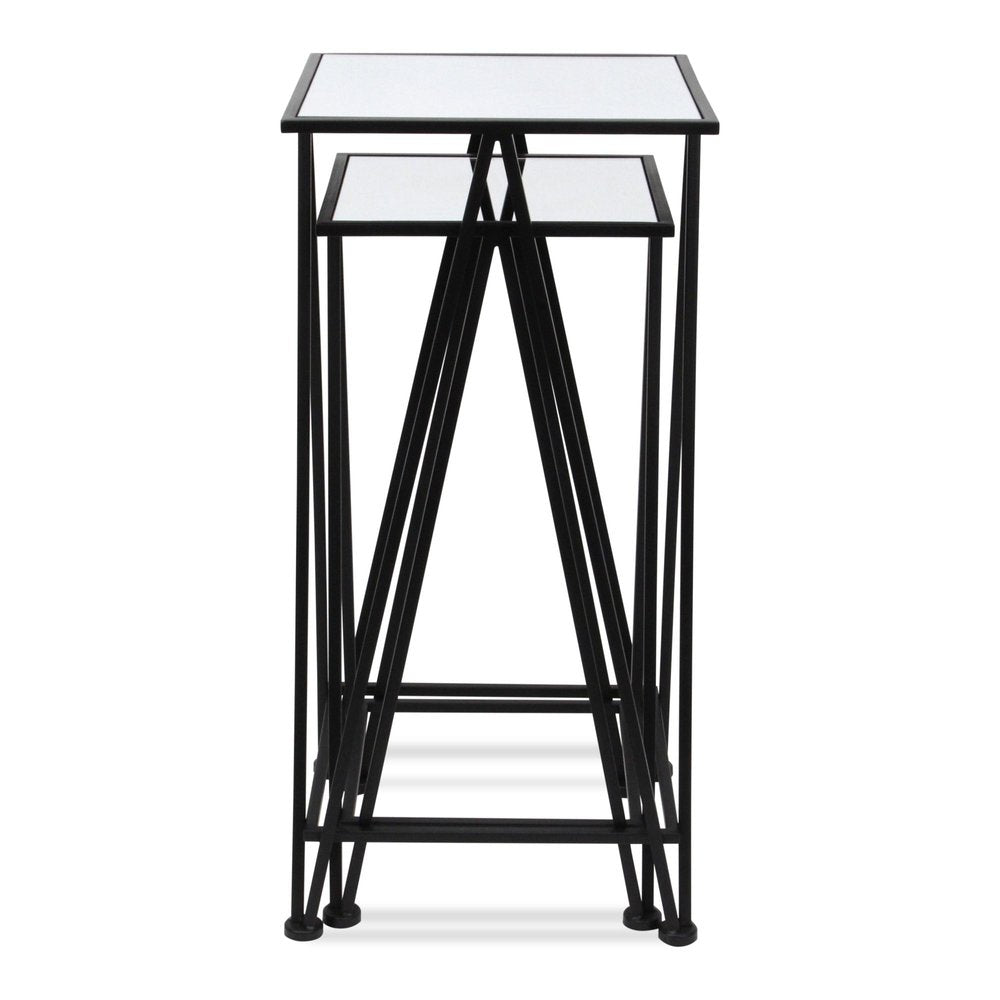 Set of Two Silver and Black Mirrored Glass and Steel Square Frame Nested Tables on a white background