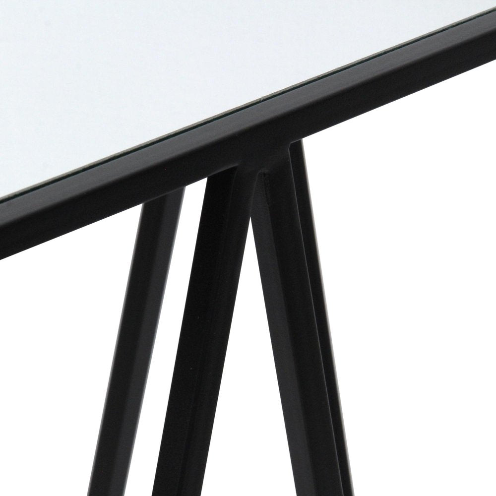 Set of Two Silver and Black Mirrored Glass and Steel Square Frame Nested Tables on a white background