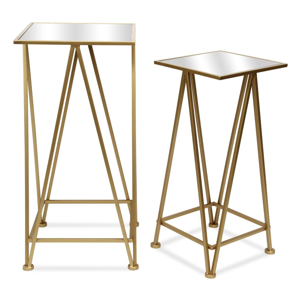 Set of Two Silver and Black Mirrored Glass and Steel Square Frame Nested Tables on a white background
